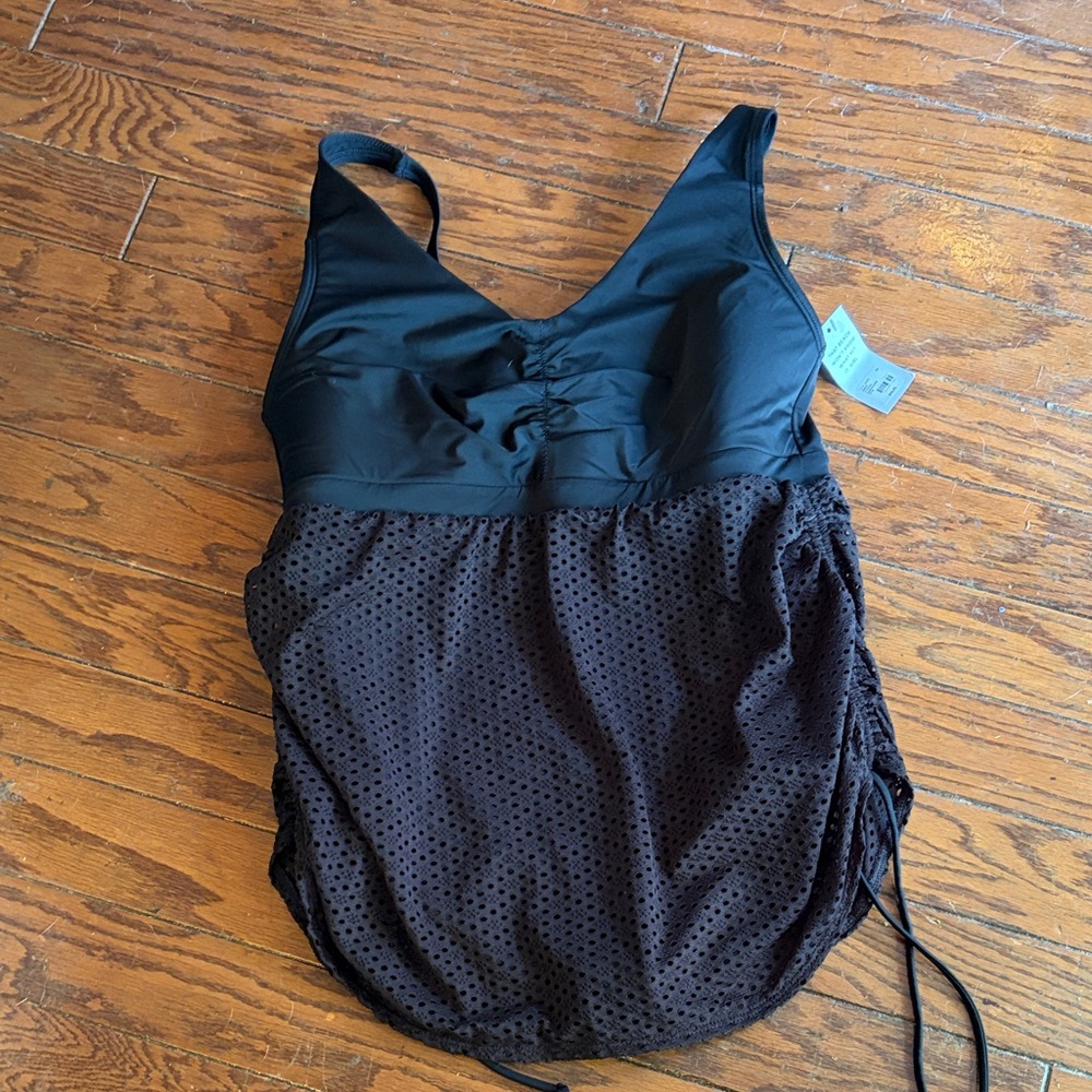Black Women's One-Piece Swimsuit with Ruched Bust and Mesh Skirt